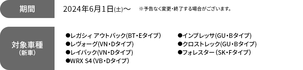 期間 2024年6月1日(土)～※予告なく変更・終了する場合がございます。対象車種●レガシィ アウトバック（BT・Dタイプ）●レヴォーグ(VN・Dタイプ)●レイバック(VN・Dタイプ)●WRX S4（VB・Dタイプ）●インプレッサ(GU・Aタイプ)●クロストレック(GU・Aタイプ)●フォレスター（SK・Fタイプ）●ソルテラ(EW・Bタイプ)●レックス(DU・Aタイプ)●ジャスティ(DR・Dタイプ)●サンバートラック（TR・Gタイプ）●サンバーバン(TK・Aタイプ)