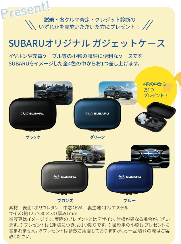 SUBARUオリジナル ガジェットケース イヤホンや充電ケーブル等の小物の収納に便利なケースです。SUBARUをイメージした全4色の中からお1つ差し上げます。