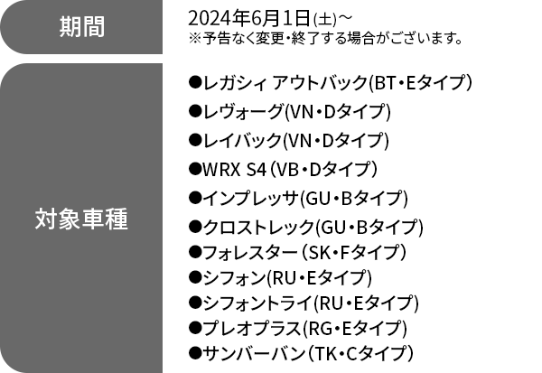 期間 2024年6月1日(土)～※予告なく変更・終了する場合がございます。対象車種●レガシィ アウトバック（BT・Dタイプ）●レヴォーグ(VN・Dタイプ)●レイバック(VN・Dタイプ)●WRX S4（VB・Dタイプ）●インプレッサ(GU・Aタイプ)●クロストレック(GU・Aタイプ)●フォレスター（SK・Fタイプ）●ソルテラ(EW・Bタイプ)●レックス(DU・Aタイプ)●ジャスティ(DR・Dタイプ)●サンバートラック（TR・Gタイプ）●サンバーバン(TK・Aタイプ)