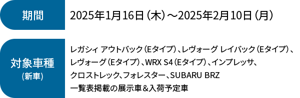 期間 2025年1月16日（木）～2025年2月10日（月）レガシィ アウトバック（Eタイプ）、レヴォーグ レイバック（Eタイプ）、レヴォーグ（Eタイプ）、WRX S4（Eタイプ）、インプレッサ、クロストレック、フォレスター、SUBARU BRZ一覧表掲載の展示車＆入荷予定車