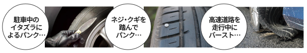 駐車中のイタズラによるパンク…／ネジ・クギを踏んでパンク…／高速道路を走行中にバースト…